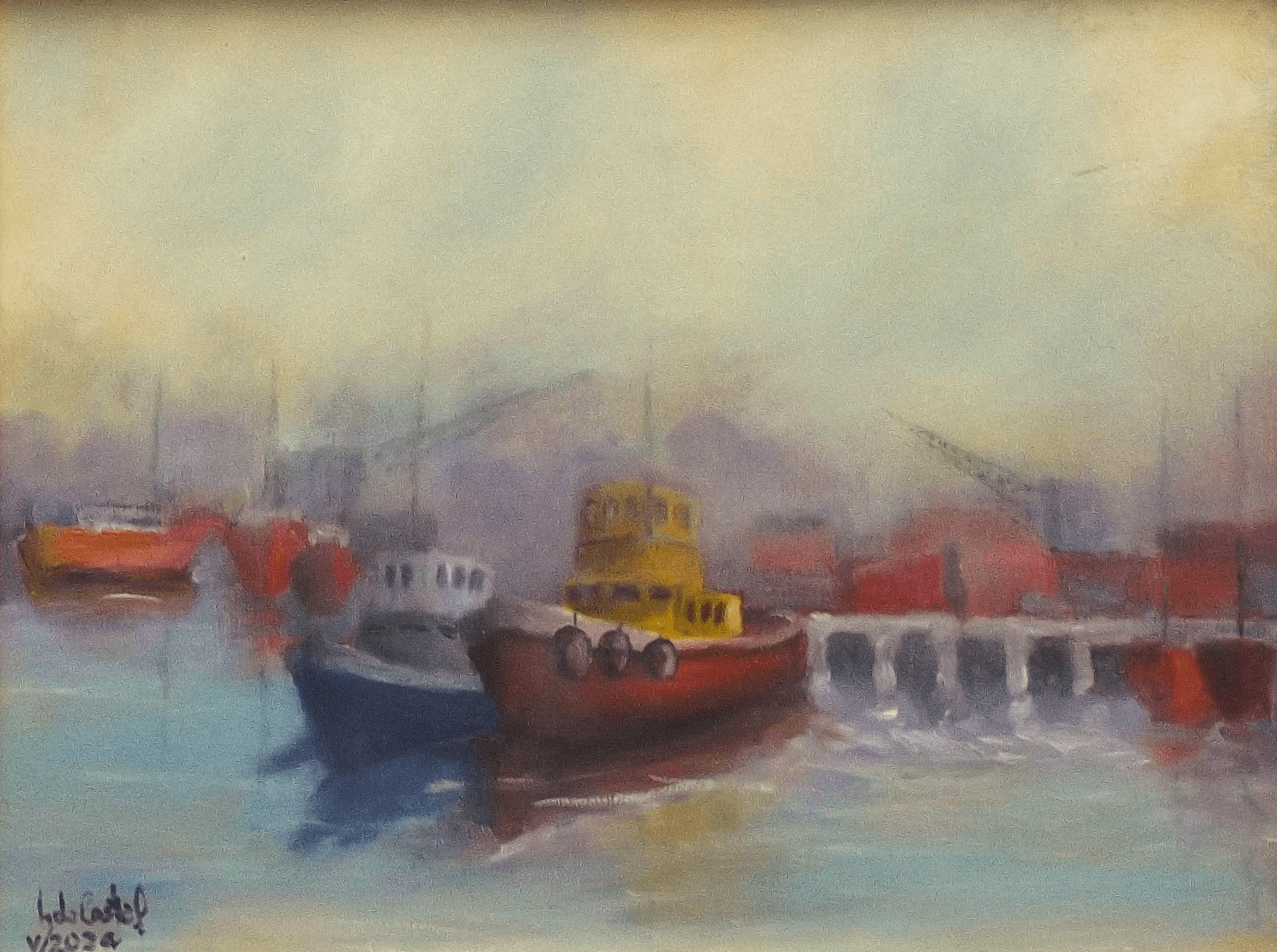 Paisaje portuario en la niebla