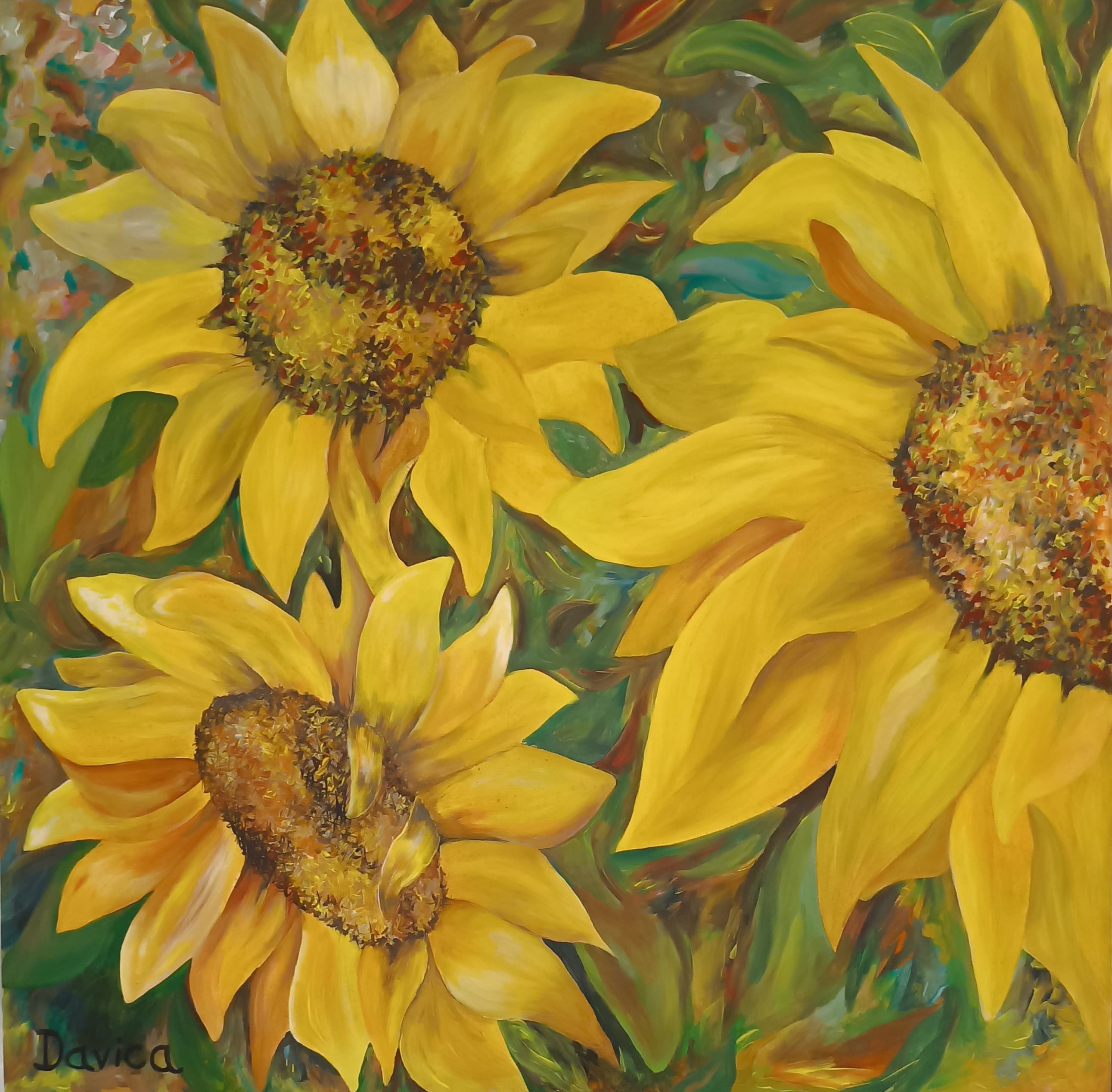 "Girasoles" Acrílico sobre lienzo. Dimensiones 80 x 80 cm.