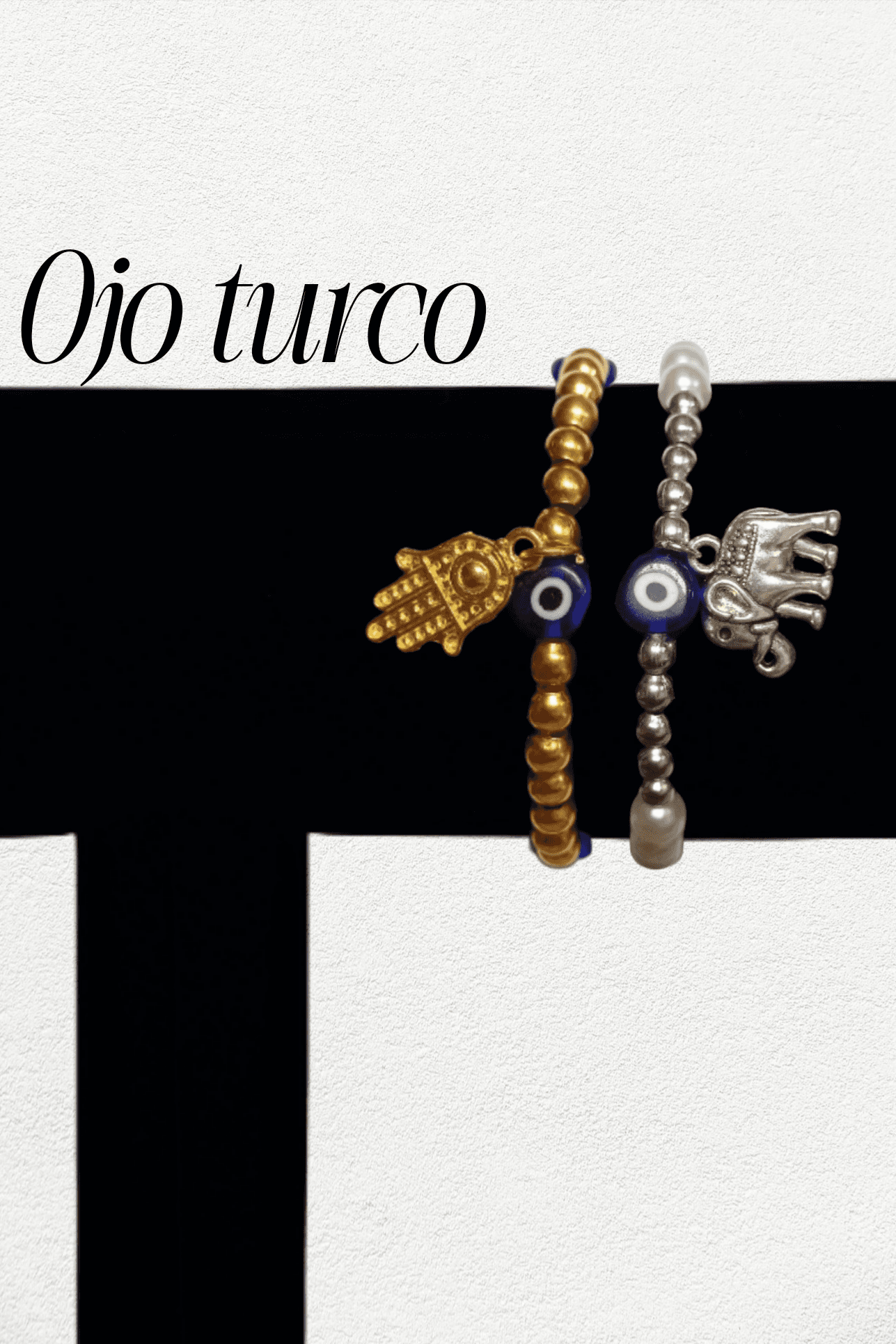 Pulsera de Ojo turco con Amuleto de Mano de Fátima dorado y plateada elefante